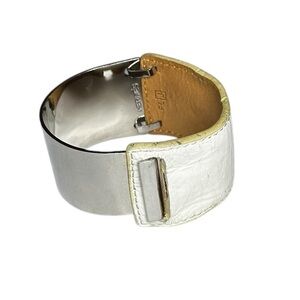 White Leather and Silver Cuff Bracelet by Hermes